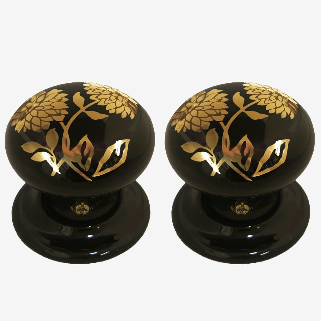 Black Porcelain Door Knobs Gold Dahlia Design (Pair)