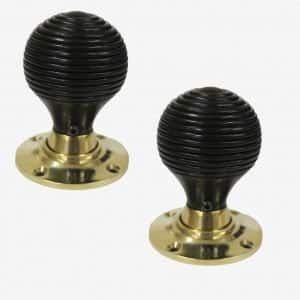 Ebony Wood Polished Brass Beehive Mortice Door Knobs