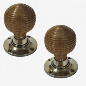 Brown Wood Polished Aged Brass Beehive Mortice Door Knobs